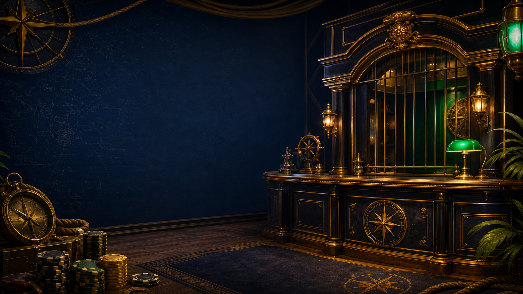 Captain Jack Casino cashier with nautical gold details